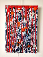 Front view of full canvas showing abstract red drips over multicolored background.