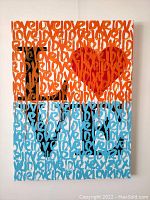 Front view of entire painting showing repeating 'love' script in orange and blue with red heart motif