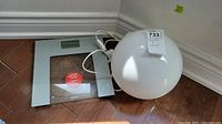 Photo showing the Conair digital scale with glass platform and the white globe light fixture on the floor in sunlight.