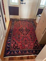 Full view of rug laid on hardwood floor in entryway under windows and door.