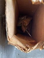 View inside cardboard case showing stored items including sprayer hose and paper instructions or packaging.