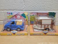 Front view showing Pete Pick-Up truck and Horace 'N' horse trailer in original packaging with farm background.