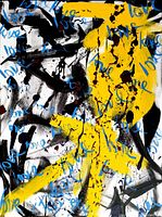 Close-up view of painting surface showing black, white and yellow paint layers with blue text markings.