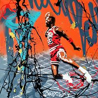 Front detail focusing on Michael Jordan figure and spray paint layers