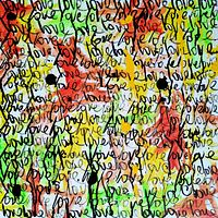 Close-up of central area showing layered graffiti text and color drips