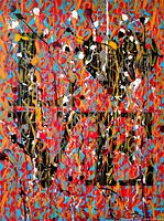 Front view of painting mounted on wall showing full abstract multicolor composition