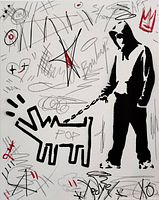 Front view of artwork showing full canvas with stencil figure and stylized dog on white background