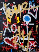 Close-up view of central graffiti layers showing gold “love” text, red heart motif and signature