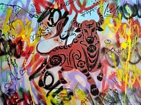 Close-up of central bull motif and surrounding graffiti-style marks.