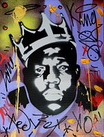 Close-up frontal view showing stenciled portrait of The Notorious B.I.G. wearing a crown with graffiti tags