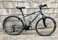 Full left side view of Schwinn High Timber AL mountain bike leaning against a concrete block wall.