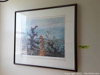 Frontal photo of the framed floral landscape artwork, showing colors and composition clearly.