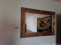 Full frontal view of the mirror showing the rectangular shape and ornate gold frame hanging on the wall.