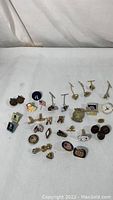 Wide view of collection of vintage pins, cuff links and tie tacks showing arrangement and variety of styles and colors