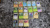 Photo showing 21 Pokemon cards laid out on carpet including holo Treecko and various other cards in mixed conditions.