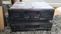 JVC double cassette deck model TD-W254BK stacked on top of a Technics receiver SL-PD6.