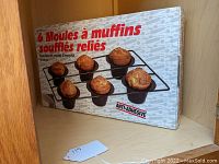 Front view of the boxed 6 muffin popover pan kit showing product images and anti-adhesive label.