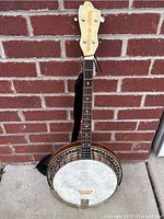 Front view of Kay Kraft tenor banjo leaning against brick wall