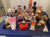 Blue tray holding all bottles and lotion in group view