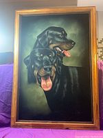 Full view of the signed black velvet painting of two Rottweilers in a wooden frame.