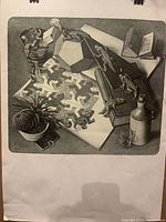 Full view of the M.C. Escher 'Reptiles' poster showing the intricate artwork including reptiles, geometric shapes, and other objects on a desk.
