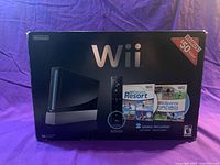 Photo of the original Nintendo Wii system box featuring images of the console and two included games (Wii Sports Resort and Wii Sports).