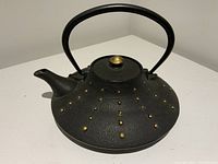 Full view of black cast iron kettle with decorative gold rivets and fitted lid, showing curved handle and spout.