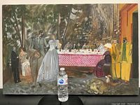 Front view of the large vintage oil on canvas painting titled 'The Wedding Party' showing full composition and scale with water bottle for size reference.