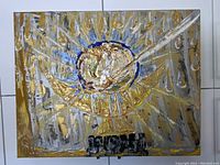Front view of the original impasto oil painting showing the abstract cup in gold and blue hues with textured brush strokes on canvas.