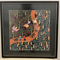 Full view of the framed painting depicting peasants on a country path with animals, trees and birds in vibrant folk art style.
