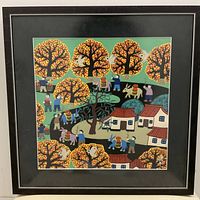 Full view of the framed artwork depicting the village and yellow trees