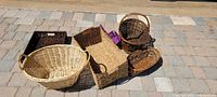 Seven wicker baskets of various shapes, sizes, and colors shown from top and side angles