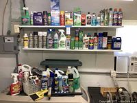 Wide view of two shelves with varied cleaning products, insecticides, and spray paint cans.