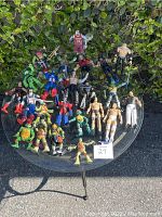 Full lot displayed on round glass table outside with greenery background, showing all figures in mixed arrangement.