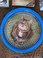 Blue decorative tray with detailed tabby cat illustration on peacock feather patterned background