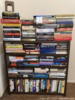 Front view of fully loaded bookshelf with a variety of hardcover and paperback books. Titles include dictionaries, Frank McCourt, Elizabeth George and more.