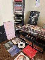 CDs stacked and spread on the floor and held in black storage racks. Visible artists include Barbra Streisand with a pink album cover, and a large Frank Sinatra photo album.
