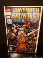 Front cover of The Infinity Gauntlet #1 comic showing the full colorful graphic with Thanos and the Infinity Gauntlet.