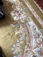 Close-up of the rug's floral and scroll border pattern showing colors and texture.
