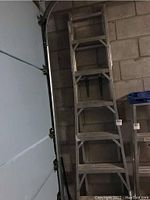 Full view of the tall aluminum extension ladder leaning against a concrete block wall in a garage setting.