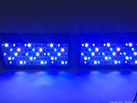 Front view shows two units emitting blue spectrum light