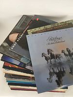Stack of assorted vinyl records showing Bob Seger & The Silver Bullet Band 'Night and Daydream' and Andy Adams 'Smack the Boys' album covers.