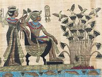 Full view of Egyptian painting showing two seated Egyptian figures, lotus flora, and birds, with visible papyrus texture and color.