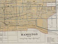 Close-up of map details showing city streets, parks, electric railway, ward boundaries, and Hamilton Jockey Club
