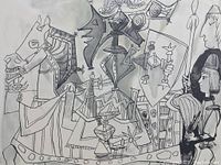 Close view of lithograph detail showing knight figure, shield and cubist elements