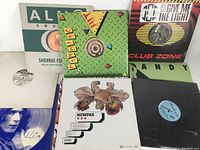 Front view of vinyl record sleeves showing various designs including PANDISC, Newpax, and ice 99 Club Zone.