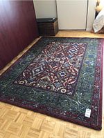 Full view of the stainmaster patterned area rug laying on parquet flooring with partial furniture visible.