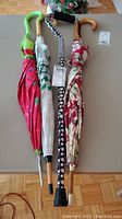 All four items laid out: three umbrellas with curved handles and a black floral-patterned cane with a wooden handle.