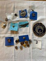 Overall image of lot items showing multiple military pins, buttons, and a cloth patch on white background.