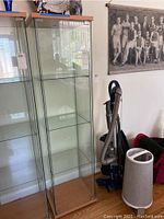 Full view of the tall glass display cabinet with wooden top and base, placed next to a vacuum and a lamp.